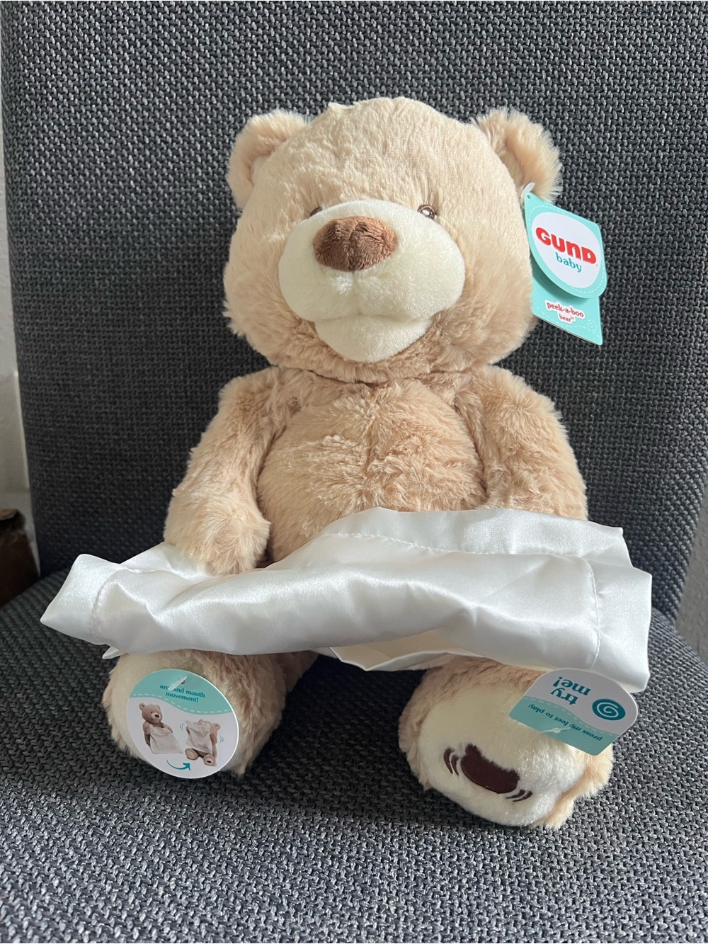 GUND Beige Brown Plush Bear with White Satin Blanket